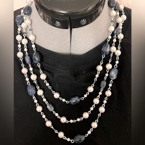 Elegant Blue & Pearl White Layering Necklace.